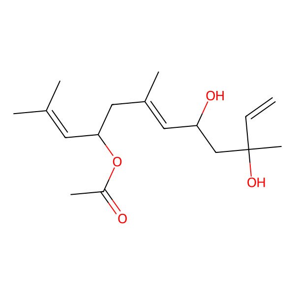 2D Structure of [(4S,6E,8S,10R)-8,10-dihydroxy-2,6,10-trimethyldodeca-2,6,11-trien-4-yl] acetate