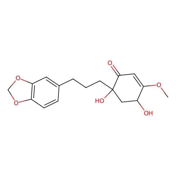 2D Structure of (4S,6R)-6-[3-(1,3-benzodioxol-5-yl)propyl]-4,6-dihydroxy-3-methoxycyclohex-2-en-1-one