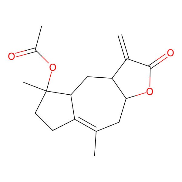 2D Structure of 4xi,5xi,7xi-Guaia-1(10),11(13)-dien-12-oic acid, 4,8-dihydroxy-, gamma-lactone, acetate