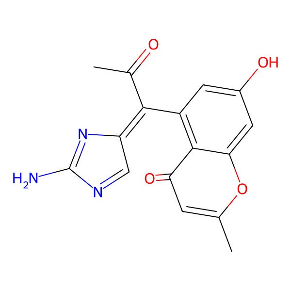 2D Structure of 5-[1-(2-Aminoimidazol-4-ylidene)-2-oxopropyl]-7-hydroxy-2-methylchromen-4-one