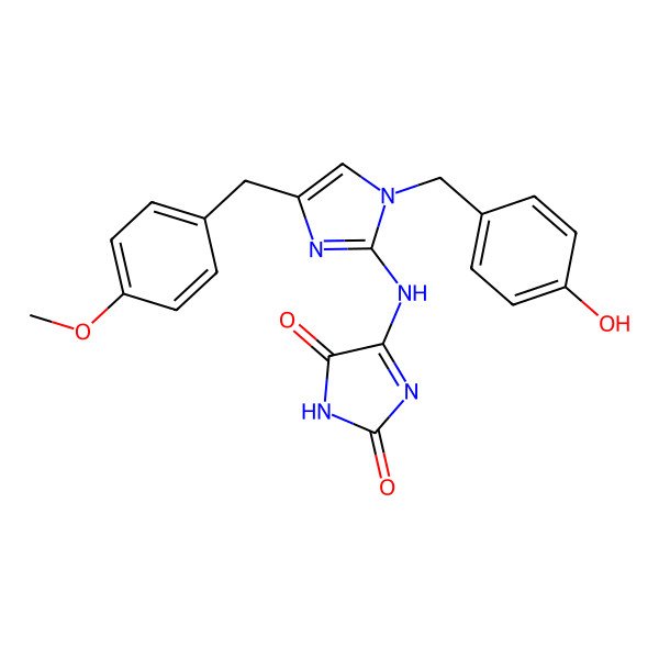 2D Structure of 5-[[1-[(4-hydroxyphenyl)methyl]-4-[(4-methoxyphenyl)methyl]imidazol-2-yl]amino]imidazole-2,4-dione