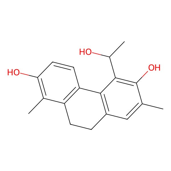2D Structure of 5-(1-Hydroxyethyl)-1,7-dimethyl-9,10-dihydrophenanthrene-2,6-diol 2D Structure of 5-(1-Hydroxyethyl)-1,7-dimethyl-9,10-dihydrophenanthrene-2,6-diol