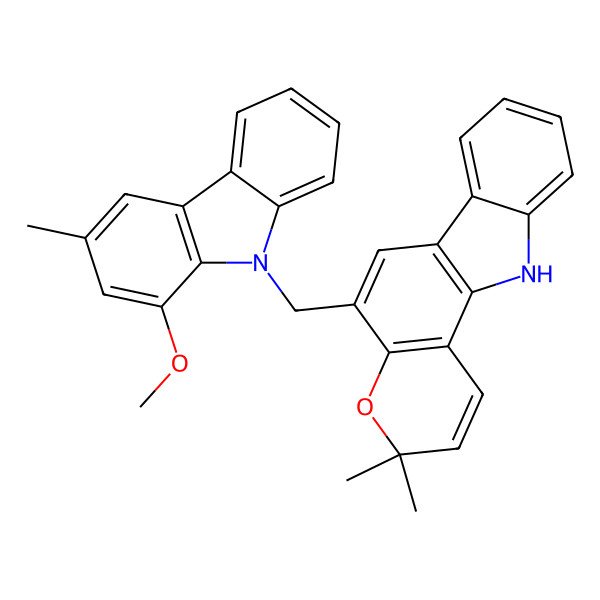 2D Structure of 5-[(1-methoxy-3-methylcarbazol-9-yl)methyl]-3,3-dimethyl-11H-pyrano[3,2-a]carbazole