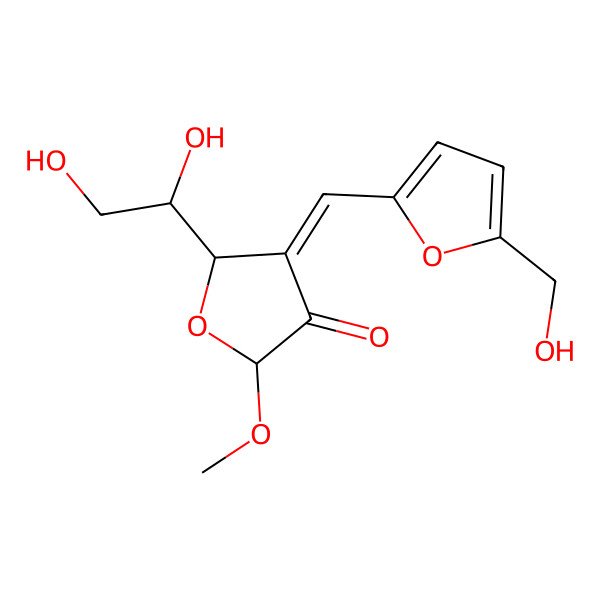 2D Structure of 5-(1,2-Dihydroxyethyl)-4-[[5-(hydroxymethyl)furan-2-yl]methylidene]-2-methoxyoxolan-3-one