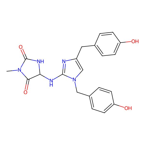 2D Structure of 5-[[1,4-Bis[(4-hydroxyphenyl)methyl]imidazol-2-yl]amino]-3-methylimidazolidine-2,4-dione
