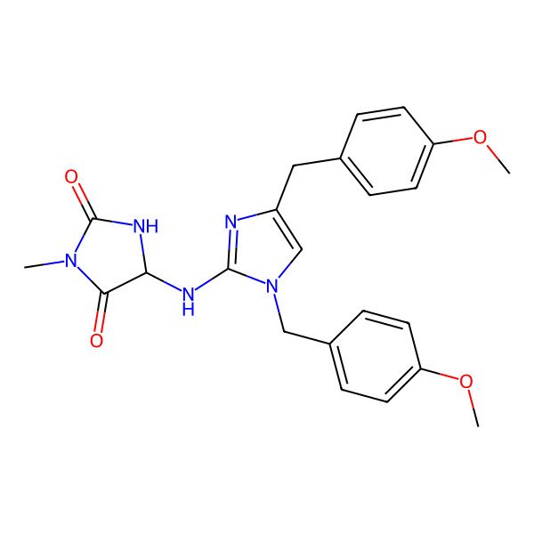2D Structure of 5-[[1,4-Bis[(4-methoxyphenyl)methyl]imidazol-2-yl]amino]-3-methylimidazolidine-2,4-dione