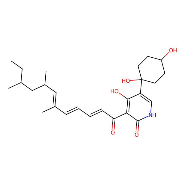 2D Structure of 5-(1,4-dihydroxycyclohexyl)-4-hydroxy-3-(6,8,10-trimethyldodeca-2,4,6-trienoyl)-1H-pyridin-2-one
