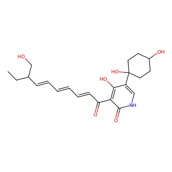 2D Structure of 5-(1,4-dihydroxycyclohexyl)-4-hydroxy-3-[8-(hydroxymethyl)deca-2,4,6-trienoyl]-1H-pyridin-2-one
