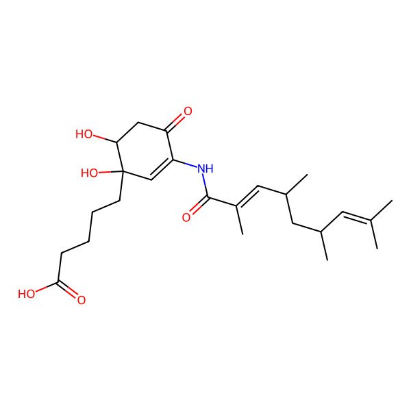 2D Structure of 5-[1,6-Dihydroxy-4-oxo-3-(2,4,6,8-tetramethylnona-2,7-dienoylamino)cyclohex-2-en-1-yl]pentanoic acid
