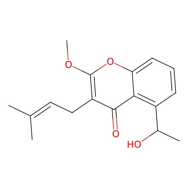 2D Structure of 5-[(1R)-1-hydroxyethyl]-2-methoxy-3-(3-methylbut-2-enyl)chromen-4-one