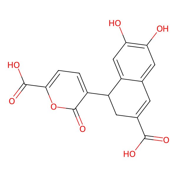 2D Structure of 5-[(1R)-3-carboxy-6,7-dihydroxy-1,2-dihydronaphthalen-1-yl]-6-oxopyran-2-carboxylic acid