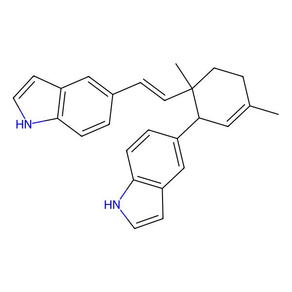 2D Structure of 5-[2-[2-(1H-indol-5-yl)-1,4-dimethylcyclohex-3-en-1-yl]ethenyl]-1H-indole