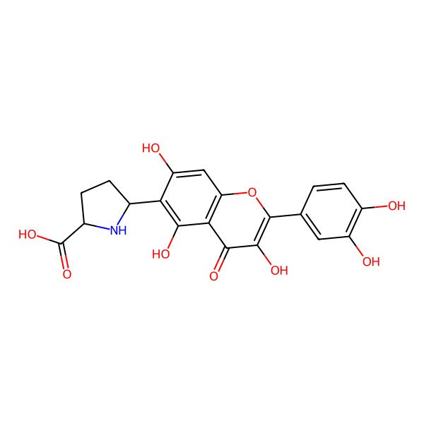 2D Structure of 5-[2-(3,4-Dihydroxyphenyl)-3,5,7-trihydroxy-4-oxochromen-6-yl]pyrrolidine-2-carboxylic acid