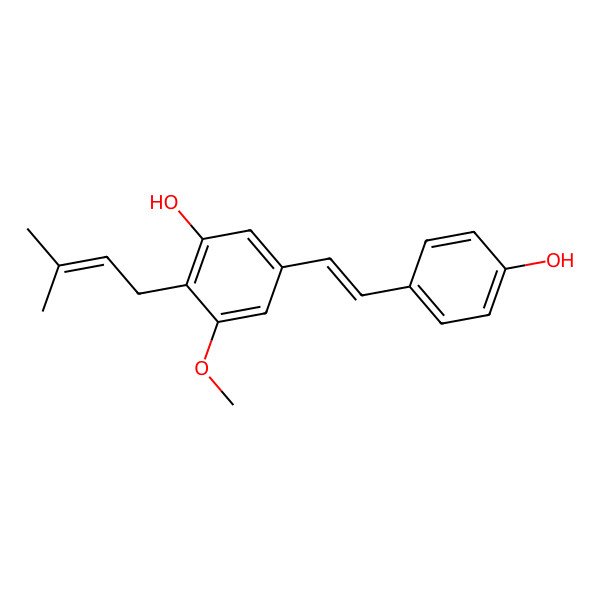 2D Structure of 5-[2-(4-Hydroxyphenyl)ethenyl]-3-methoxy-2-(3-methylbut-2-enyl)phenol