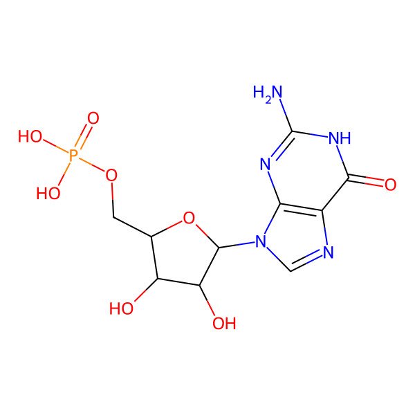 2D Structure of [5-(2-Amino-6-oxohydropurin-9-yl)-3,4-dihydroxyoxolan-2-yl]methyl dihydrogen p hosphate