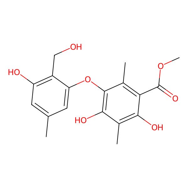 2D Structure of 5-[2-(Hydroxymethyl)-3-hydroxy-5-methylphenoxy]-2,4-dihydroxy-3,6-dimethylbenzoic acid methyl ester