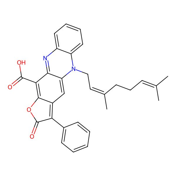 2D Structure of 5-[(2E)-3,7-dimethylocta-2,6-dienyl]-2-oxo-3-phenylfuro[2,3-b]phenazine-11-carboxylic acid