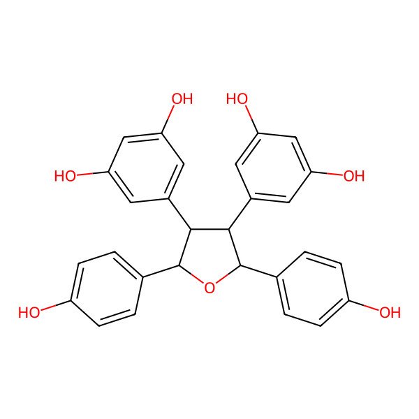 2D Structure of 5-[(2R,3R,4R,5S)-4-(3,5-dihydroxyphenyl)-2,5-bis(4-hydroxyphenyl)oxolan-3-yl]benzene-1,3-diol