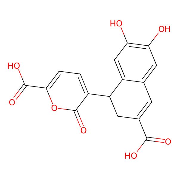 2D Structure of 5-(3-Carboxy-6,7-dihydroxy-1,2-dihydronaphthalen-1-yl)-6-oxopyran-2-carboxylic acid