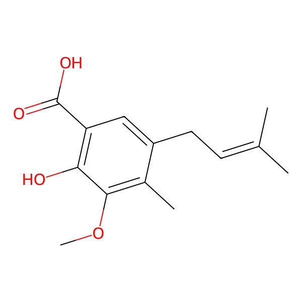 2D Structure of 5-(3'-Methyl-2'-butenyl)-2-hydroxy-3-methoxy-4-methylbenzoic acid