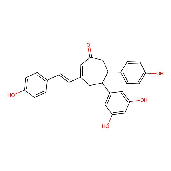 2D Structure of 5-(3,5-Dihydroxyphenyl)-6-(4-hydroxyphenyl)-3-[2-(4-hydroxyphenyl)ethenyl]cyclohept-2-en-1-one