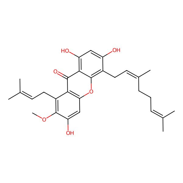 2D Structure of 5-(3,7-Dimethylocta-2,6-dienyl)-3,6,8-trihydroxy-2-methoxy-1-(3-methylbut-2-enyl)xanthen-9-one