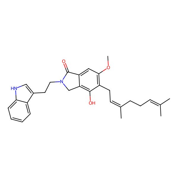 2D Structure of 5-(3,7-dimethylocta-2,6-dienyl)-4-hydroxy-2-[2-(1H-indol-3-yl)ethyl]-6-methoxy-3H-isoindol-1-one