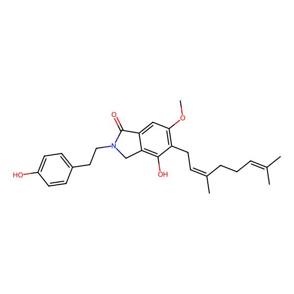 2D Structure of 5-(3,7-dimethylocta-2,6-dienyl)-4-hydroxy-2-[2-(4-hydroxyphenyl)ethyl]-6-methoxy-3H-isoindol-1-one