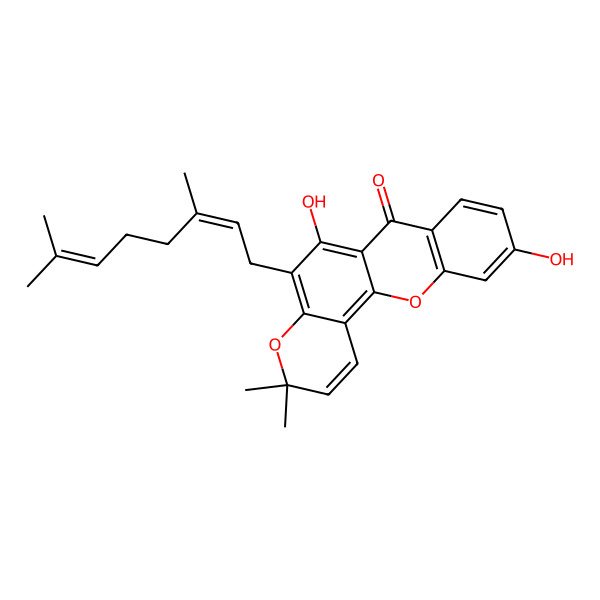 2D Structure of 5-(3,7-Dimethylocta-2,6-dienyl)-6,10-dihydroxy-3,3-dimethylpyrano[2,3-c]xanthen-7-one