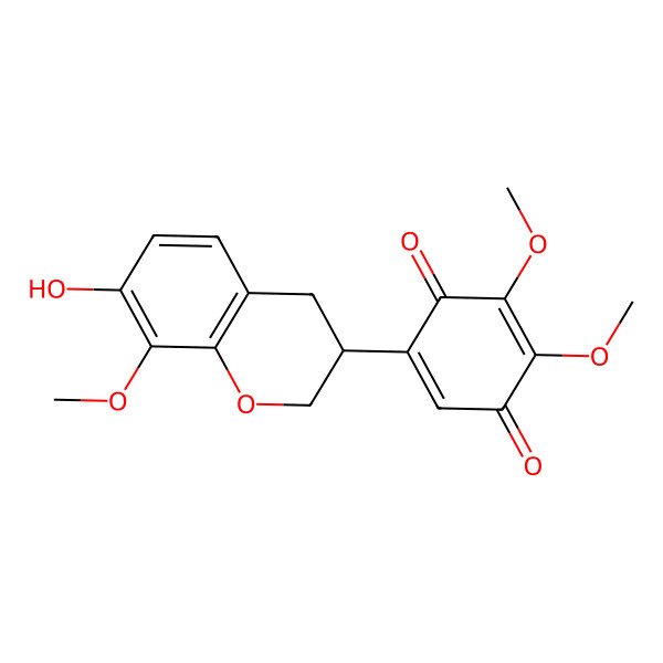 2D Structure of 5-[(3S)-7-hydroxy-8-methoxy-3,4-dihydro-2H-chromen-3-yl]-2,3-dimethoxycyclohexa-2,5-diene-1,4-dione