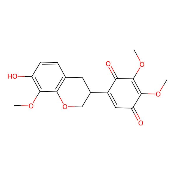 2D Structure of 5-[(3S)-7-hydroxy-8-methoxy-3,4-dihydro-2H-chromen-3-yl]-2,3-dimethoxycyclohexa-2,5-diene-1,4-dione