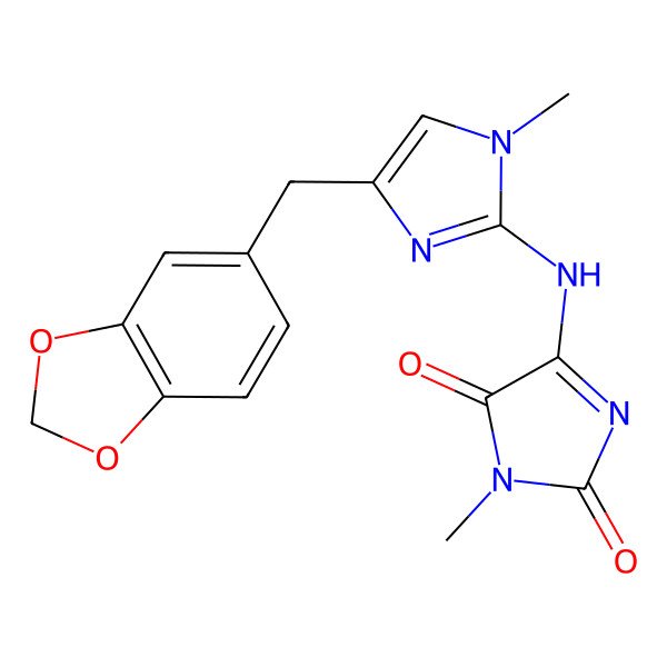 2D Structure of 5-[[4-(1,3-benzodioxol-5-ylmethyl)-1-methylimidazol-2-yl]amino]-3-methylimidazole-2,4-dione