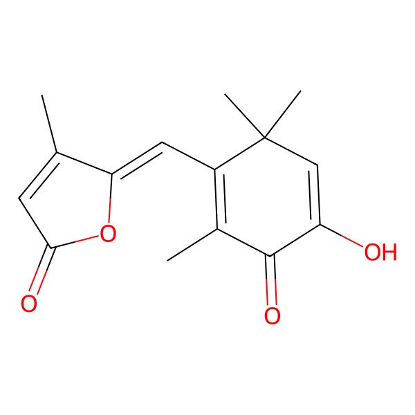 2D Structure of 5-[(4-Hydroxy-2,6,6-trimethyl-3-oxocyclohexa-1,4-dien-1-yl)methylidene]-4-methylfuran-2-one