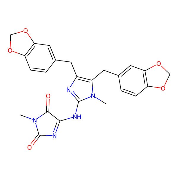 2D Structure of 5-[[4,5-bis(1,3-benzodioxol-5-ylmethyl)-1-methylimidazol-2-yl]amino]-3-methylimidazole-2,4-dione