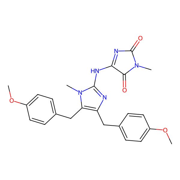 2D Structure of 5-[[4,5-bis[(4-methoxyphenyl)methyl]-1-methylimidazol-2-yl]amino]-3-methylimidazole-2,4-dione