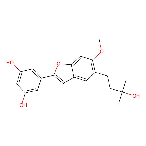 2D Structure of 5-[5-(3-Hydroxy-3-methylbutyl)-6-methoxy-1-benzofuran-2-yl]benzene-1,3-diol