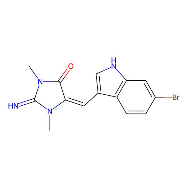 2D Structure of 5-[(6-bromo-1H-indol-3-yl)methylidene]-2-imino-1,3-dimethylimidazolidin-4-one