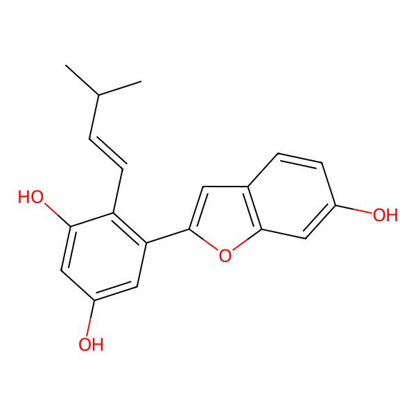 2D Structure of 5-(6-Hydroxy-1-benzofuran-2-yl)-4-(3-methylbut-1-enyl)benzene-1,3-diol