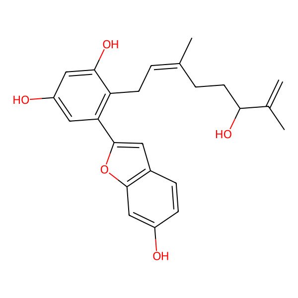 2D Structure of 5-(6-Hydroxy-1-benzofuran-2-yl)-4-(6-hydroxy-3,7-dimethylocta-2,7-dienyl)benzene-1,3-diol
