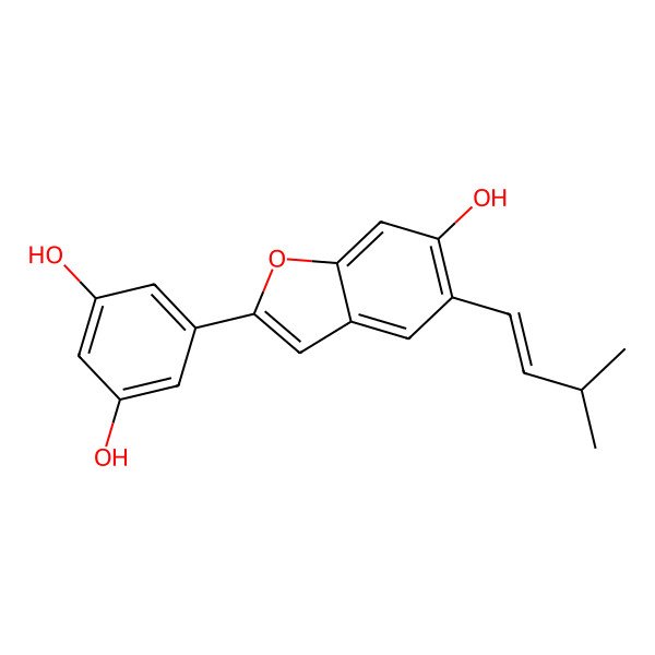 2D Structure of 5-[6-hydroxy-5-[(E)-3-methylbut-1-enyl]-1-benzofuran-2-yl]benzene-1,3-diol