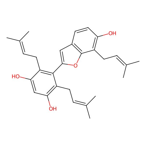 2D Structure of 5-[6-Hydroxy-7-(3-methylbut-2-enyl)-1-benzofuran-2-yl]-4,6-bis(3-methylbut-2-enyl)benzene-1,3-diol