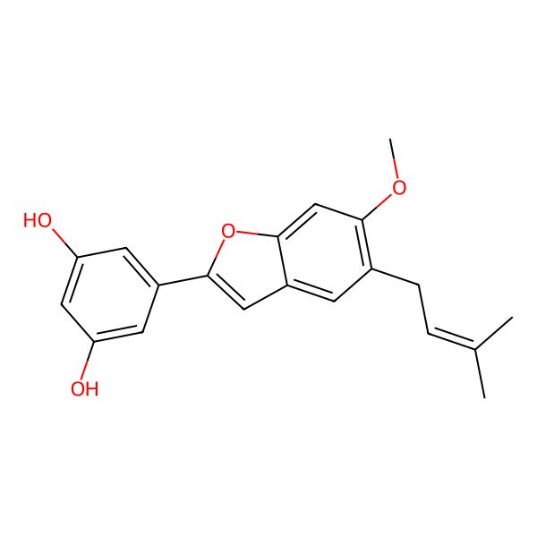 2D Structure of 5-[6-Methoxy-5-(3-methylbut-2-enyl)-1-benzofuran-2-yl]benzene-1,3-diol