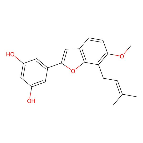 2D Structure of 5-[6-Methoxy-7-(3-methylbut-2-enyl)-1-benzofuran-2-yl]benzene-1,3-diol