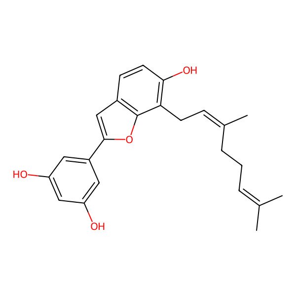 2D Structure of 5-[7-(3,7-Dimethylocta-2,6-dienyl)-6-hydroxy-1-benzofuran-2-yl]benzene-1,3-diol