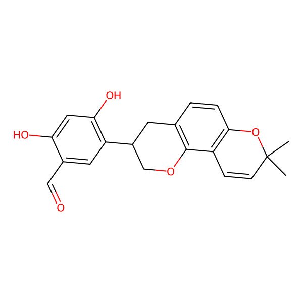 2D Structure of 5-(8,8-dimethyl-3,4-dihydro-2H-pyrano[2,3-f]chromen-3-yl)-2,4-dihydroxybenzaldehyde