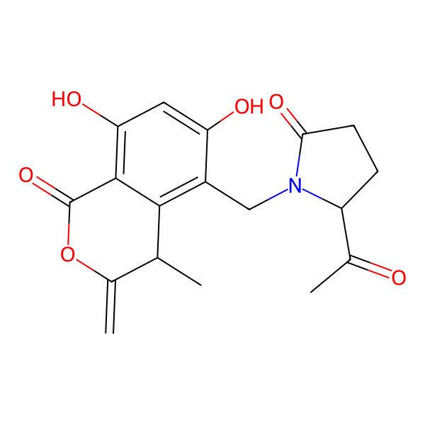 2D Structure of 5-acetyl-1-[(6,8-dihydroxy-4-methyl-3-methylidene-1-oxo-4H-isochromen-5-yl)methyl]pyrrolidin-2-one