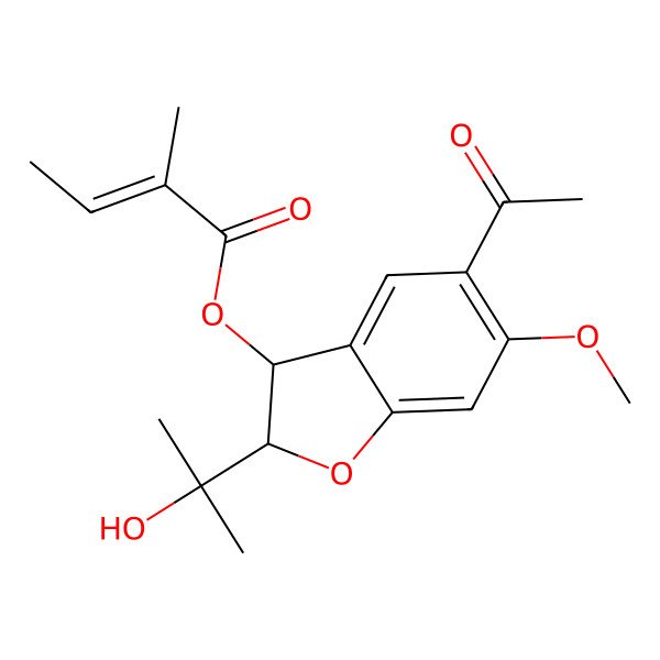 2D Structure of [5-Acetyl-2-(2-hydroxypropan-2-yl)-6-methoxy-2,3-dihydro-1-benzofuran-3-yl] 2-methylbut-2-enoate