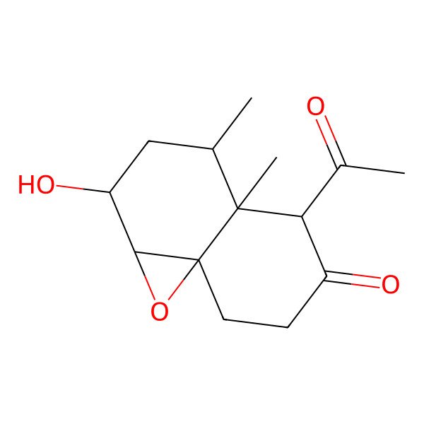 2D Structure of 5-acetyl-2-hydroxy-4,4a-dimethyl-2,3,4,5,7,8-hexahydro-1aH-naphtho[1,8a-b]oxiren-6-one