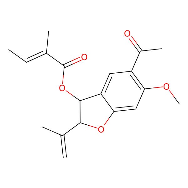 2D Structure of (5-Acetyl-6-methoxy-2-prop-1-en-2-yl-2,3-dihydro-1-benzofuran-3-yl) 2-methylbut-2-enoate 2D Structure of (5-Acetyl-6-methoxy-2-prop-1-en-2-yl-2,3-dihydro-1-benzofuran-3-yl) 2-methylbut-2-enoate
