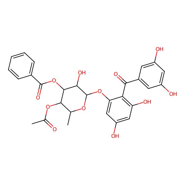 2D Structure of [5-Acetyloxy-2-[2-(3,5-dihydroxybenzoyl)-3,5-dihydroxyphenoxy]-3-hydroxy-6-methyloxan-4-yl] benzoate